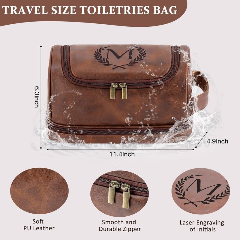 Aganmi Personalized Christmas Birthday Gifts Toiletry Bag for Men Dad Husband, Custom Initial PU Leather Waterproof Toiletry Organizer Dopp Kit Shaving Bag Travel Essential for Men, Reddish Brown J - Image 3